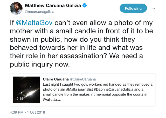 Matthew Caruana Galizia on Twitter   If  MaltaGov can’t even allow a photo of my mother with a small candle in front of it to be shown in public  how do you think they behaved towards her in life and what was their ro.png