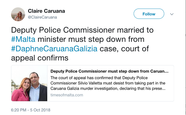Claire Caruana on Twitter   Deputy Police Commissioner married to  Malta minister must step down from  DaphneCaruanaGalizia case  court of appeal confirms https   t.co 0UOJKBT0Me .png