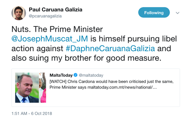 Paul Caruana Galizia on Twitter   Nuts. The Prime Minister  JosephMuscat_JM is himself pursuing libel action against  DaphneCaruanaGalizia and also suing my brother for good measure.… https   t.co jwsoM2PvvV .png