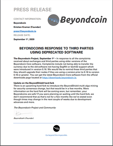 Beyondcoin Press Release on third parties using old versions of Beyondcoin Core