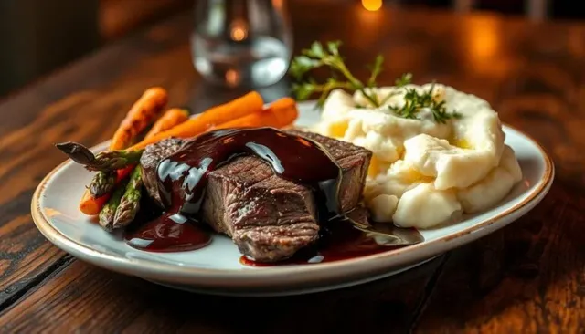 Steak dinner with mashed potatoes