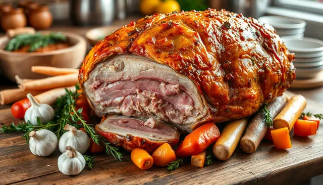 Juicy roasted pork with vegetables