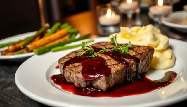 Gourmet steak dinner with wine sauce