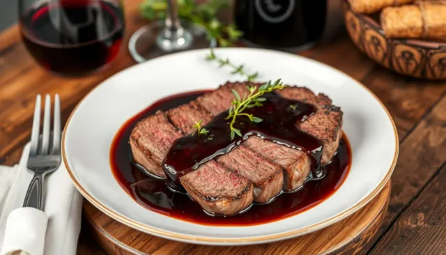 Juicy steak with wine reduction