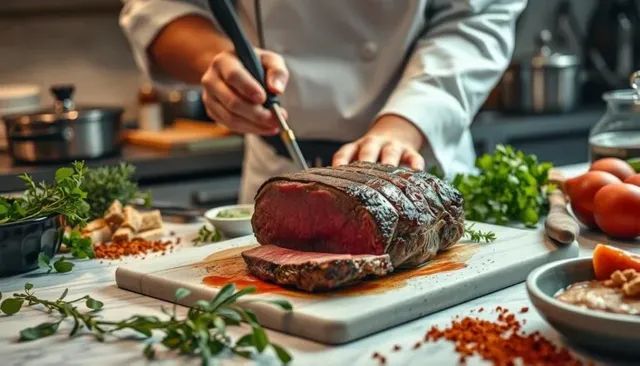 Chef preparing roast beef