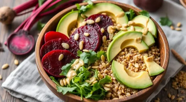 Healthy avocado beetroot grain bowl