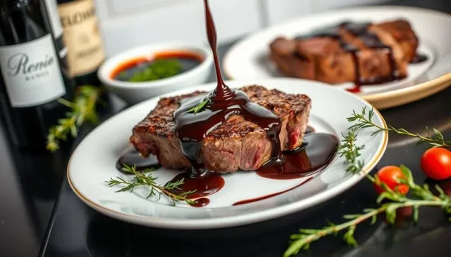 Gourmet steak with sauce preparation