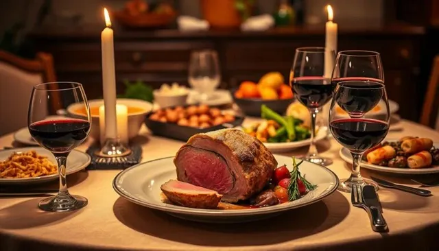 Elegant roast dinner with wine