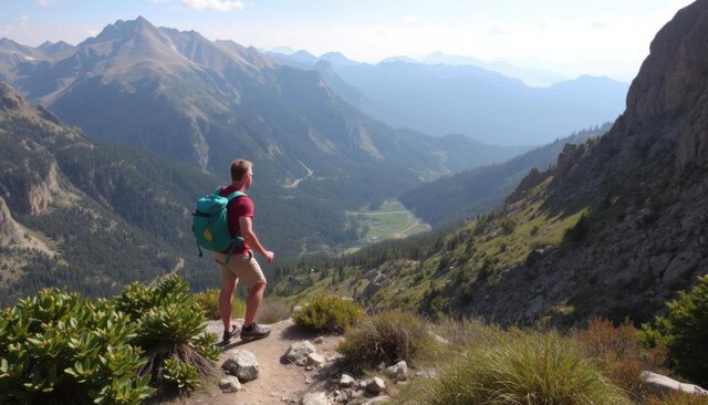 Man hiking through mountains