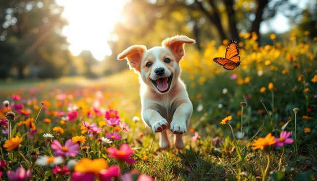 Happy puppy in a flower field with butterfly