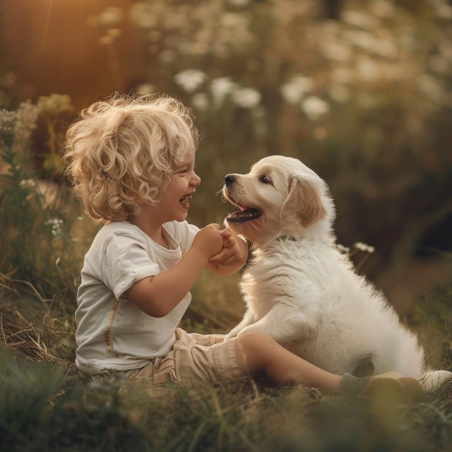 Cute boy with puppy in a sunny field