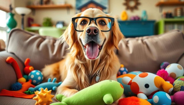 Happy dog with glasses and toys