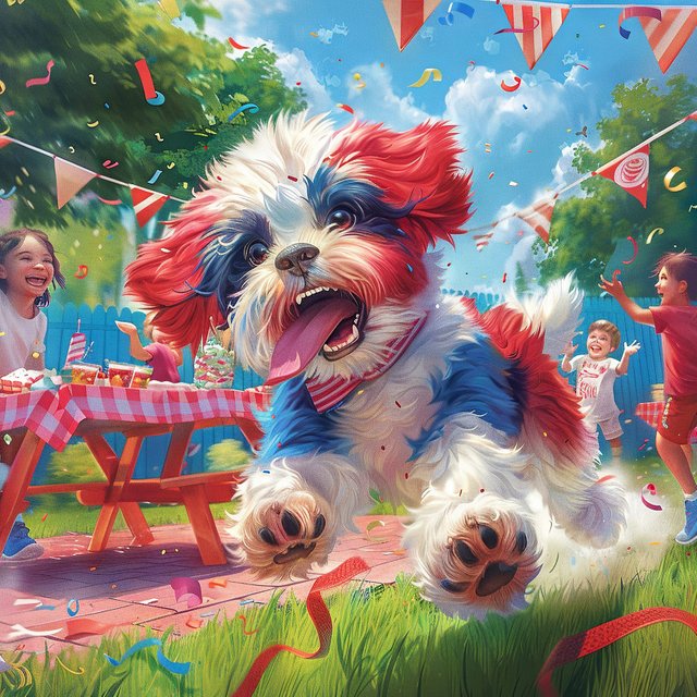 Playful puppy at a colorful kids' party