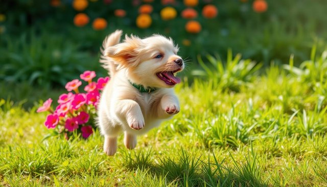 Joyful puppy running in a sunny garden