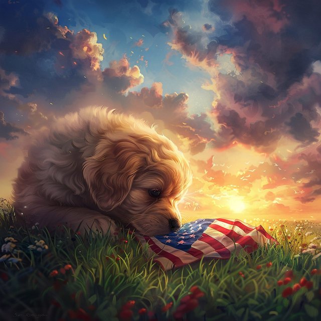 Puppy with USA flag at sunset