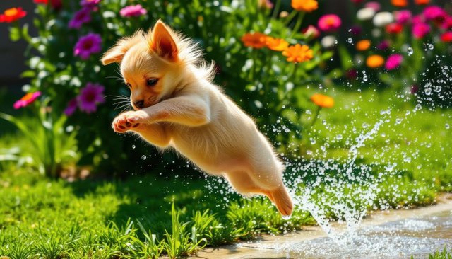 Cute puppy splashing in garden