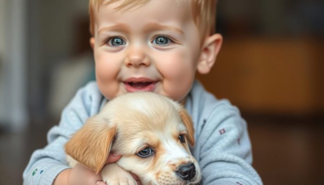 Baby boy hugging a puppy