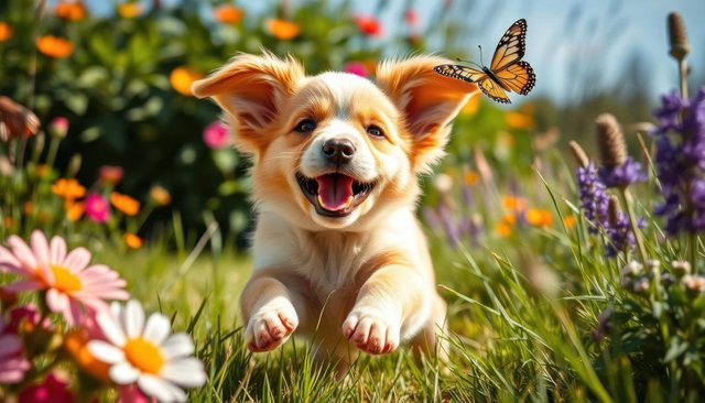 Playful puppy in meadow with butterfly