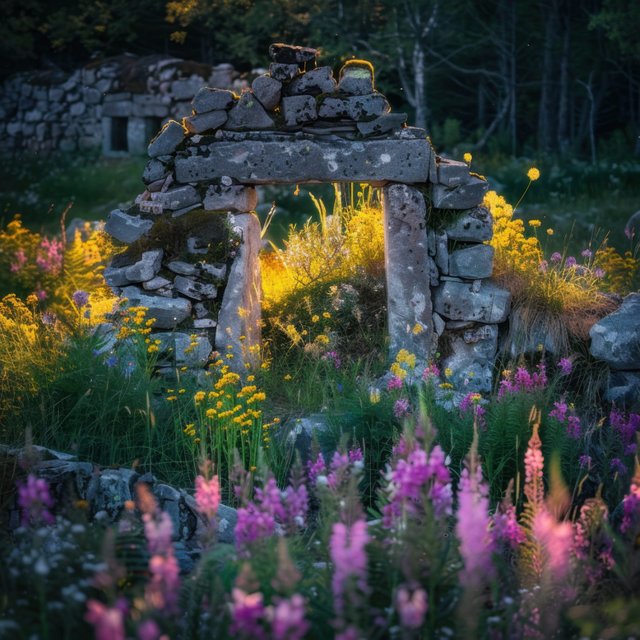 Ancient Ruins in a Flower Field