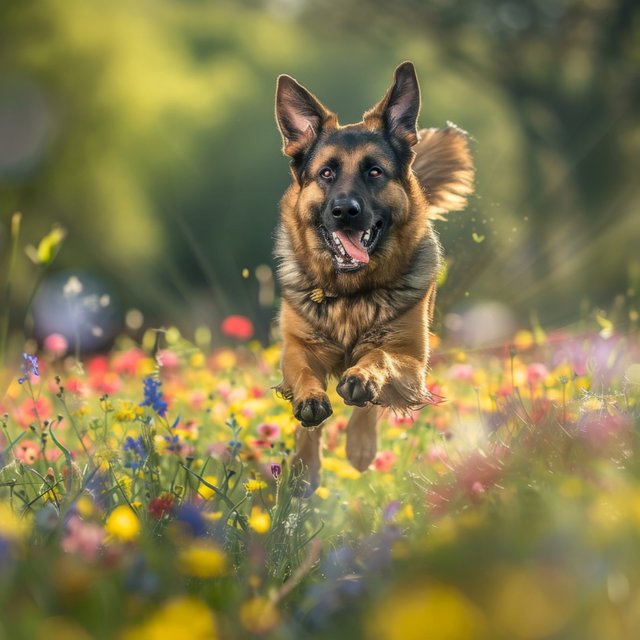 German Shepherd running through flowers