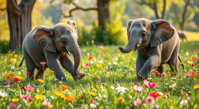 Baby Elephants in a Flower Field