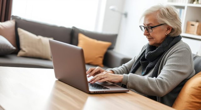 Senior Woman Using Laptop in Living Room