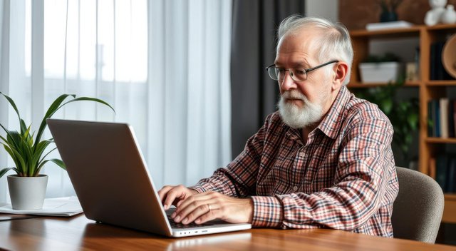 Elderly Man Typing on Laptop at Desk