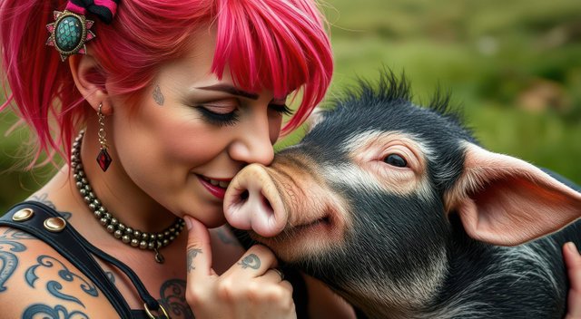 Tattooed Woman and Pig Friendship