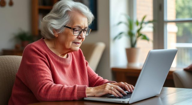 Elderly Woman Typing on Laptop