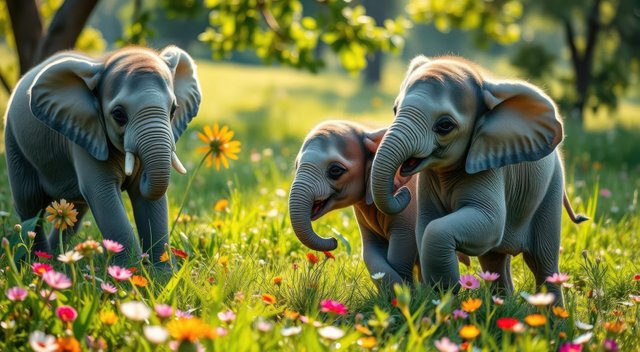 Baby Elephants Playing in Flowers