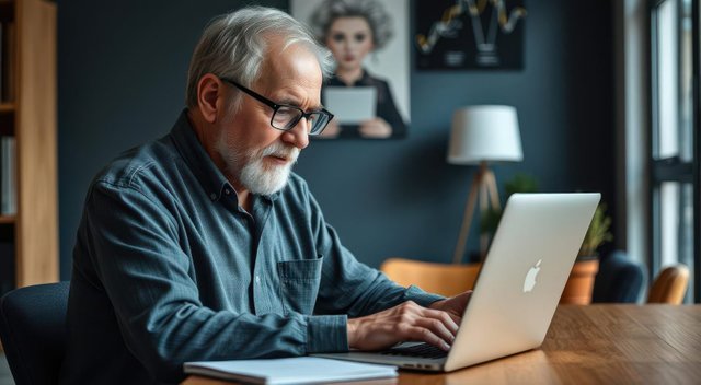 Senior Man Focused on Laptop Work