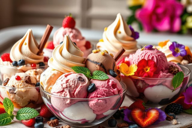 Ice Cream Desserts with Fruit and Flowers