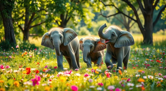 Baby Elephants Playing in Flower Field