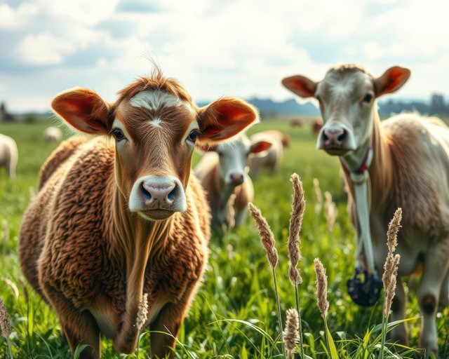 Curious Cows Grazing in Green Fields