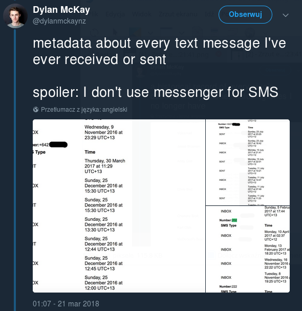 Dylan McKay on Twitter: "metadata about every text message I've ever received or sent spoiler: I don't use messenger for SMS"