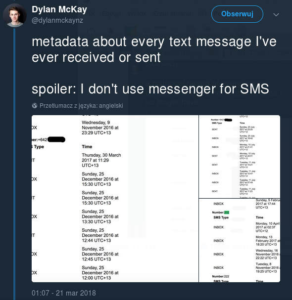 Dylan McKay na Twitterze: "metadata about every text message I've ever received or sent spoiler: I don't use messenger for SMS"