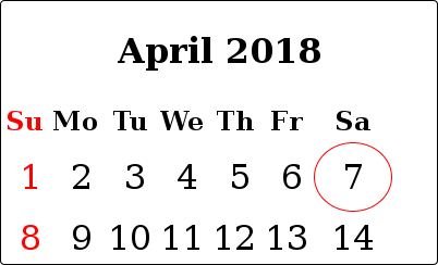 Simple image of the first half of the April 2018 calendar, with April 7th circled in red