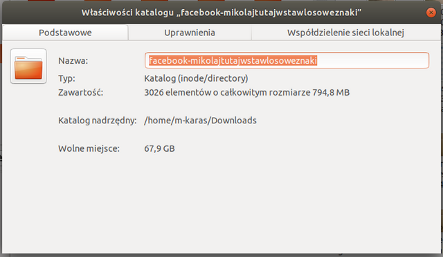 Właściwości folderu z moimi danymi z Facebooka
