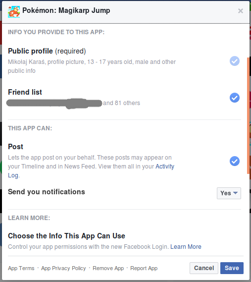 Facebook account permissions taken by Pokémon: Magikarp Jump app