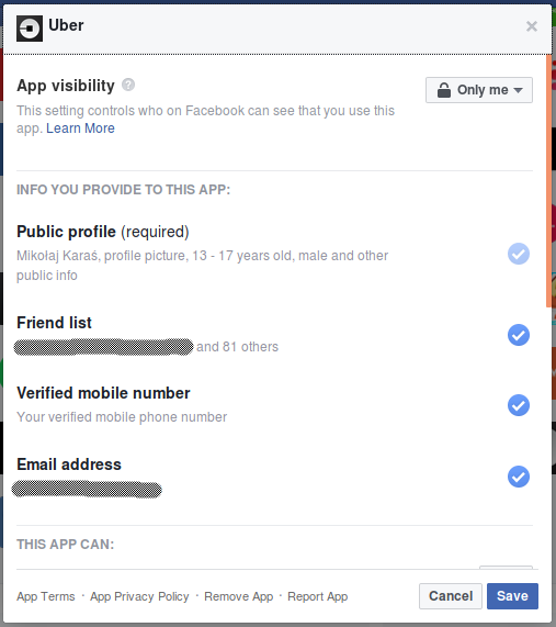 Facebook account permissions taken by Uber app