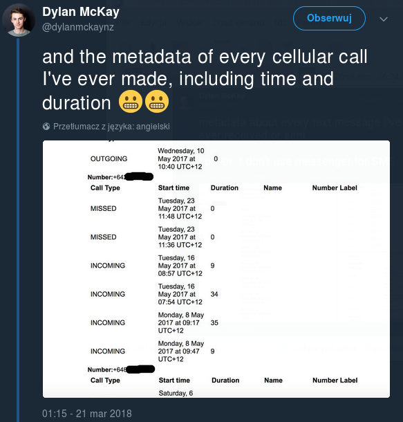 Dylan McKay na Twitterze: "and the metadata of every cellular call I've ever made, including time and duration"