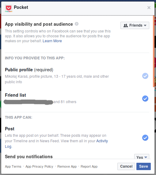 Facebook account permissions taken by Pocket app