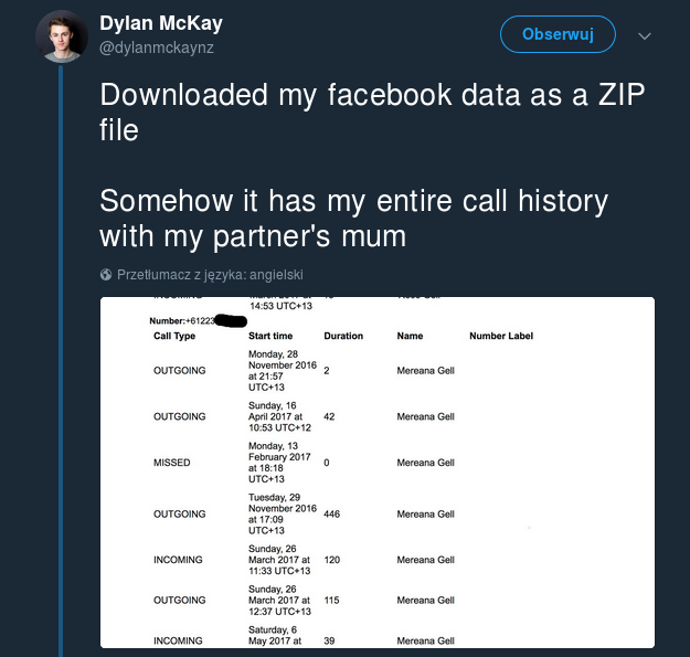 Dylan McKay on Twitter: "Downloaded my facebook data as a ZIP file. Somehow it has my entire call history with my partner's mum"
