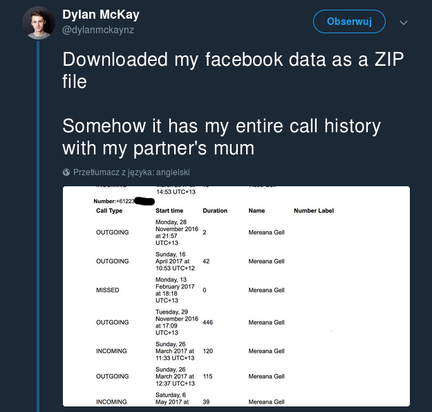 Dylan McKay na Twitterze: "Downloaded my facebook data as a ZIP file. Somehow it has my entire call history with my partner's mum"