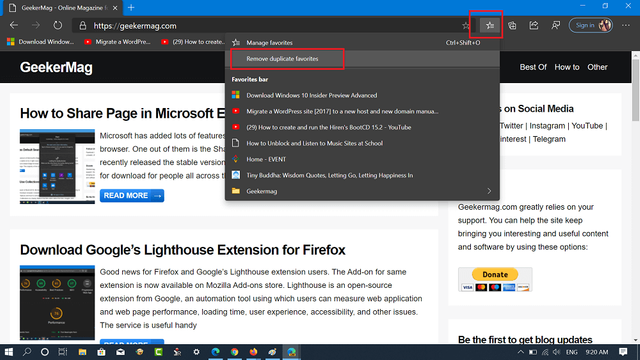 remove duplicate favorite option in microsoft edge