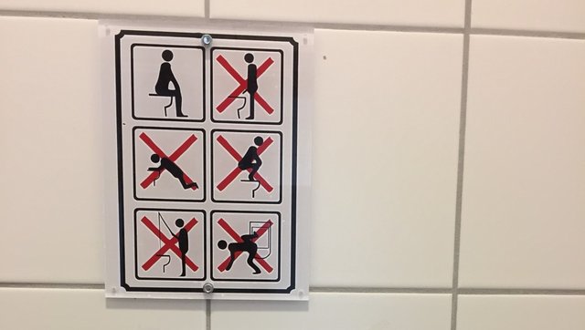 graphics explaining how to use a toilet and how not to use it