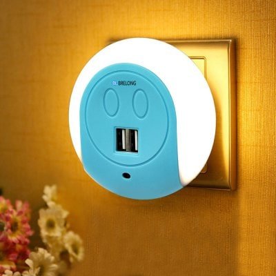 Gearbest BRELONG LED Night Light Dual USB Port Wall Charger  Light Sensor  2A 110-240V EU