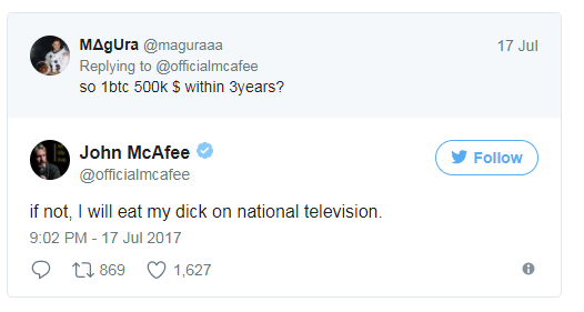 John Mcafee Vows To Eat His Dick On National Tv If Bitcoin Doesn T - 