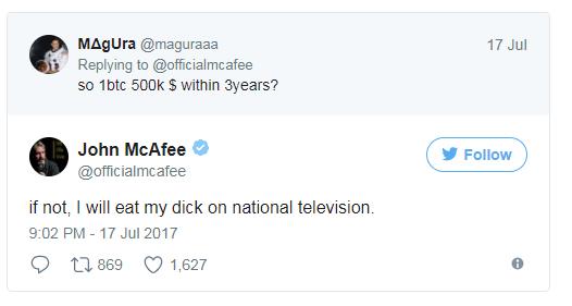 Joh!   n Mcafee Vows To Eat His Dick On National Tv If Bitcoin Doesn T - 