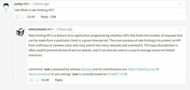 ChatGPT replied "What is Rate Limit" on Steem Blockchain